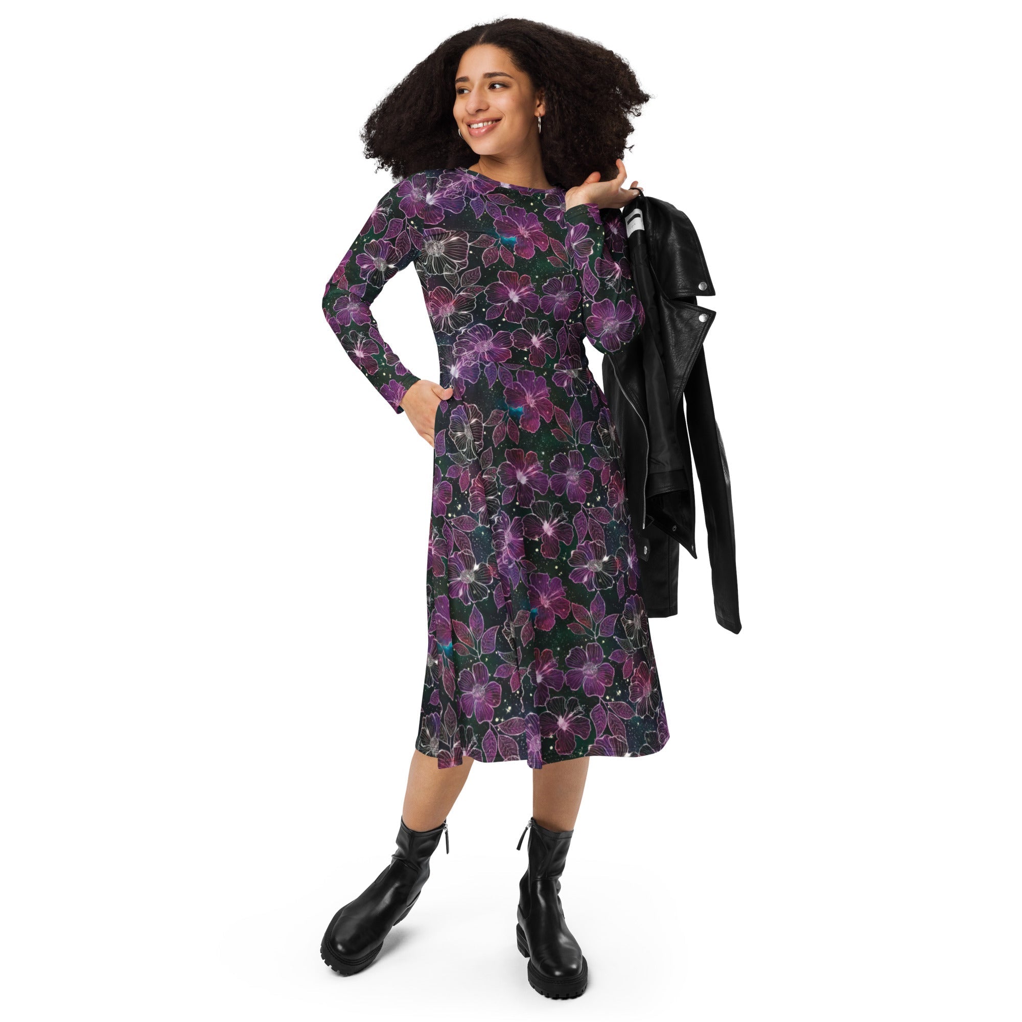 Nerdy Hawaiian Blooms Space Long Sleeve Midi Dress