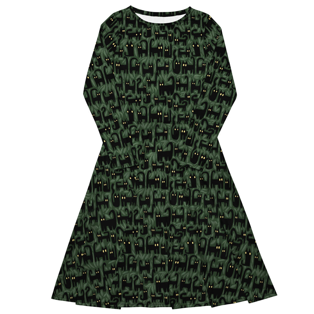 Nerdy Cats in the Leaves Long Sleeve Midi Dress