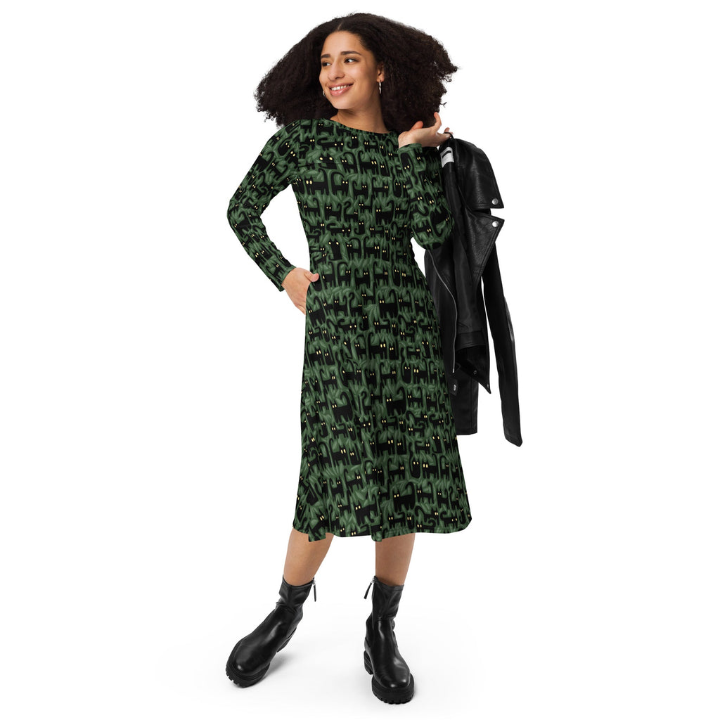 Nerdy Cats in the Leaves Long Sleeve Midi Dress