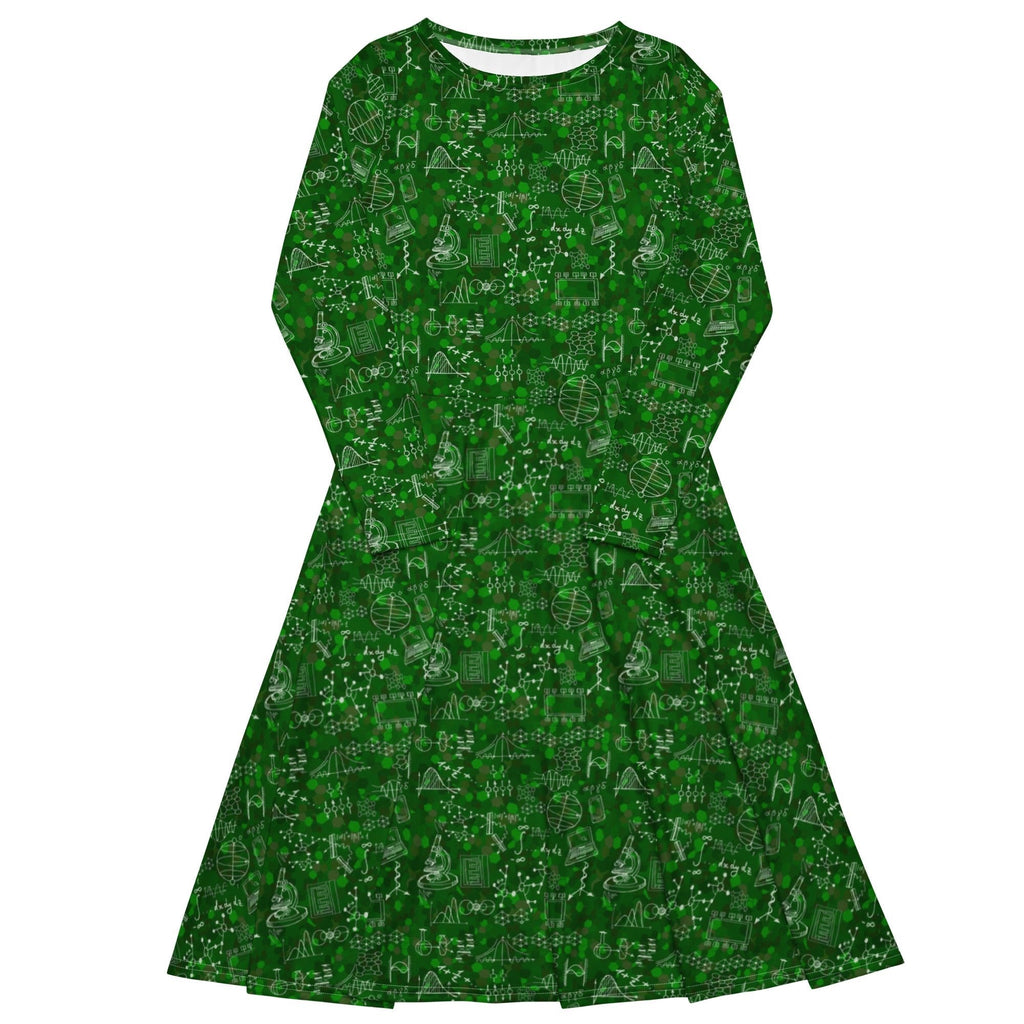 Nerdy Mad Science Lab Green Long Sleeve Midi Dress
