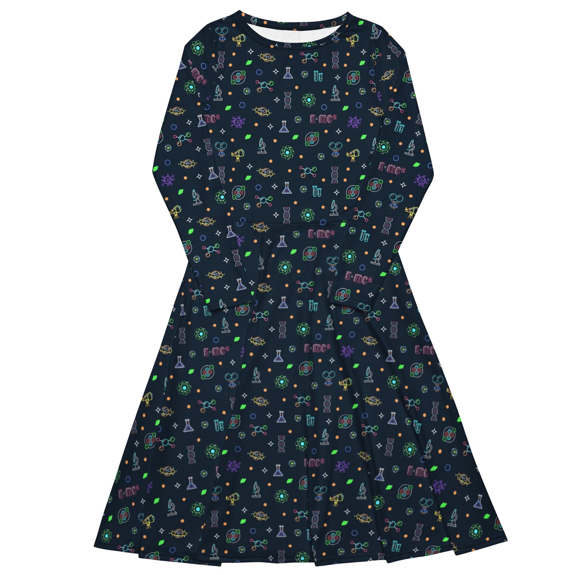 Nerdy Science DNA Molecules Dark Navy Long Sleeve Midi Dress