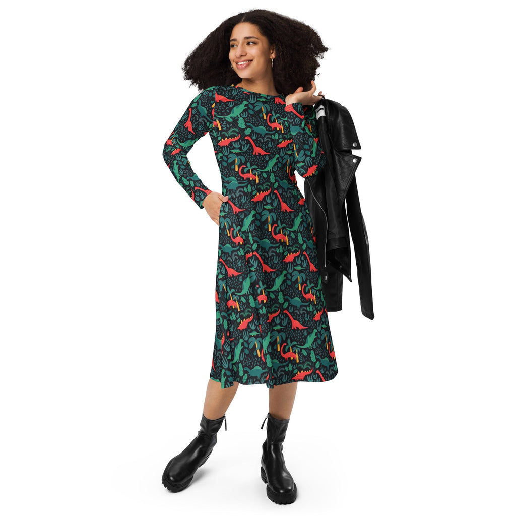 Nerdy Tropical Dinosaur Green Aloha Long Sleeve Midi Dress