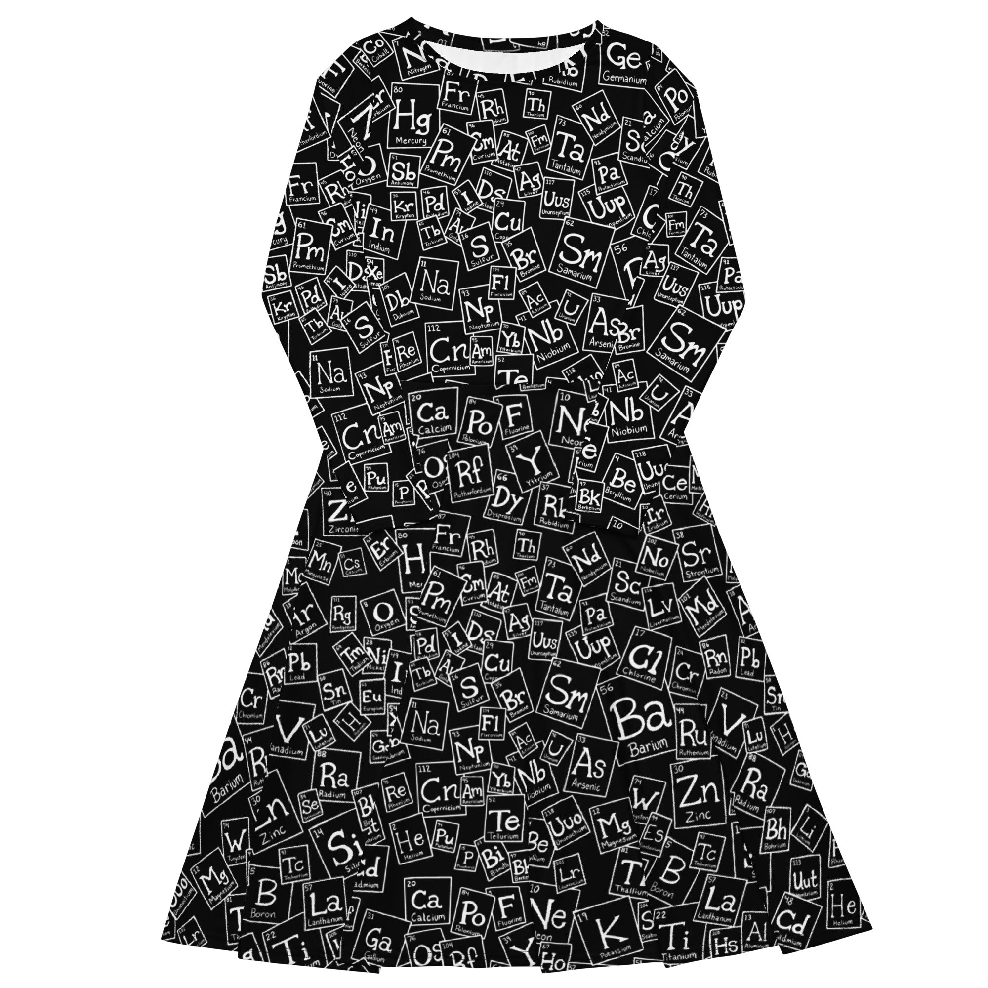 Nerdy Periodic Table BW Long Sleeve Midi Dress