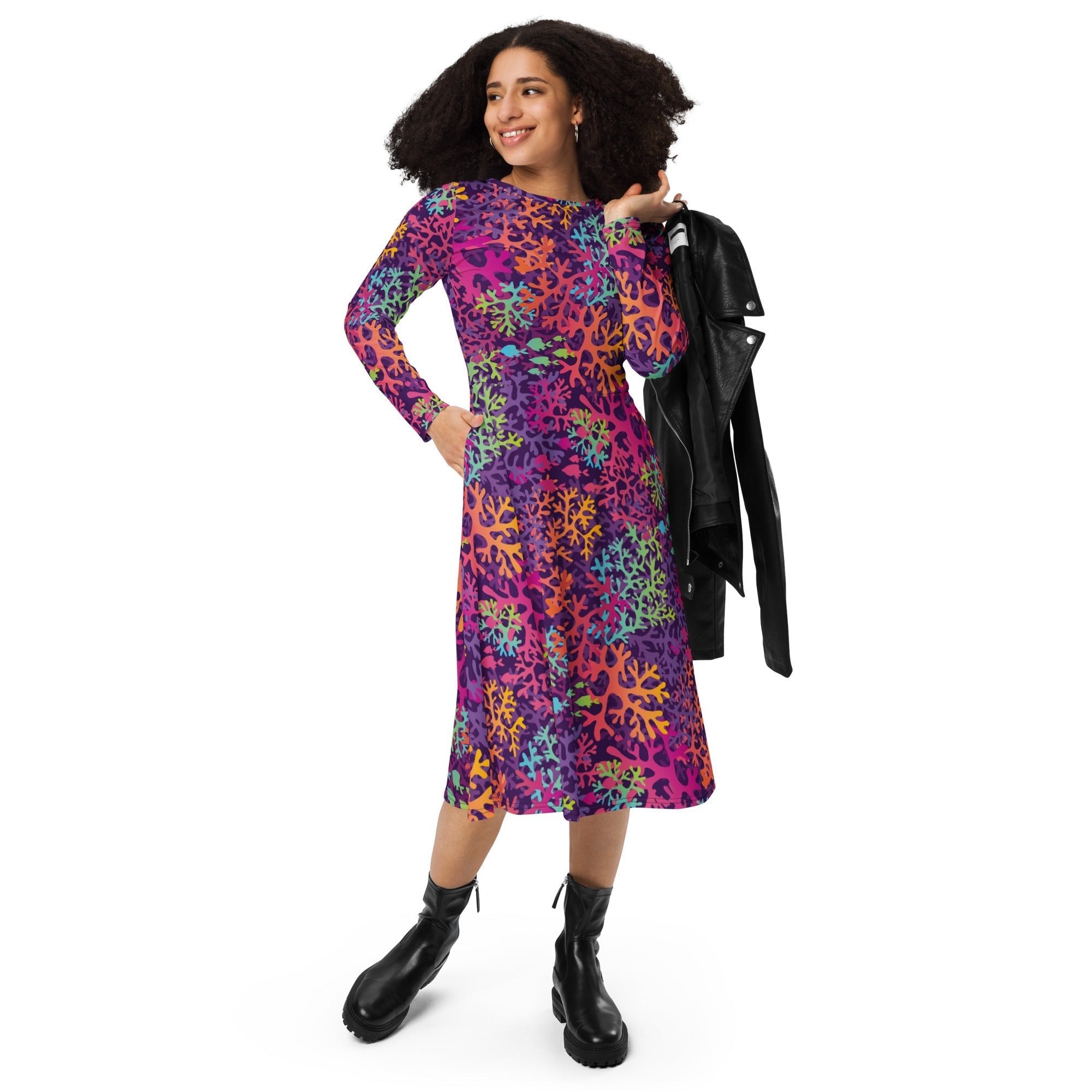 Nerdy Science Marine Biology Rainbow Coral Long Sleeve Midi Dress