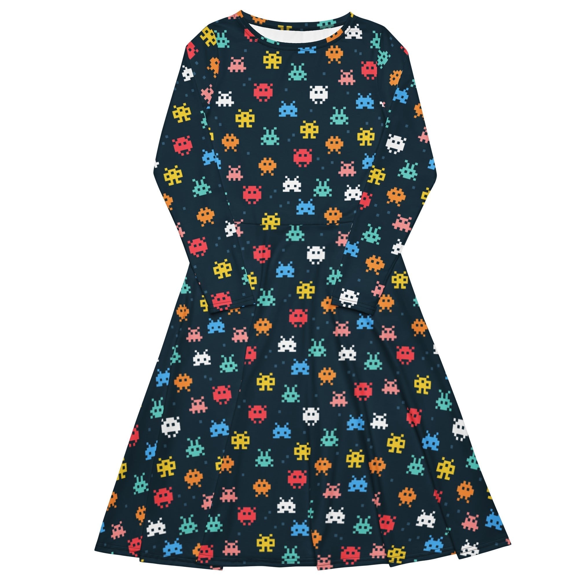 Nerdy Pixel Monsters Teal Video Game Long Sleeve Midi Dress