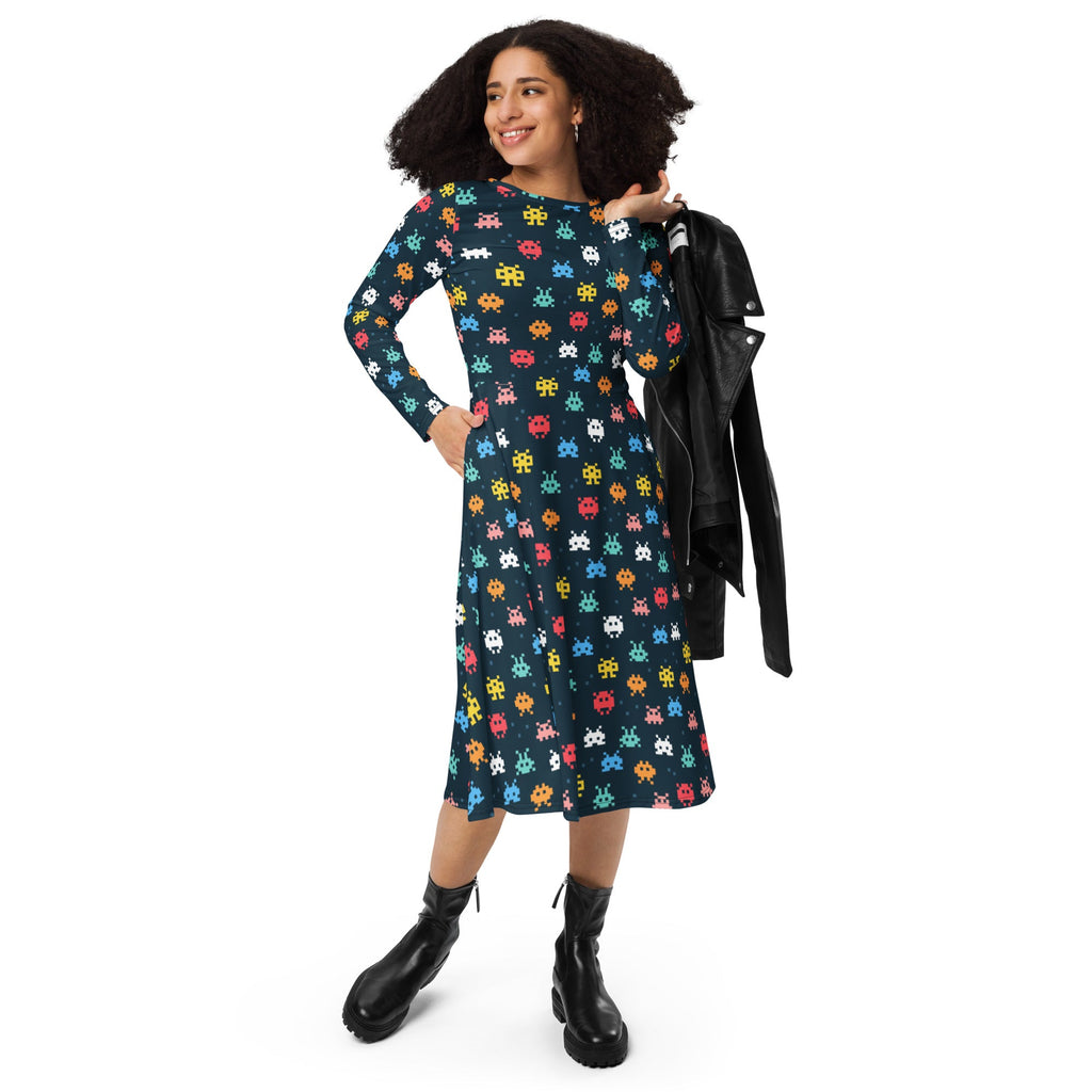 Nerdy Pixel Monsters Teal Video Game Long Sleeve Midi Dress