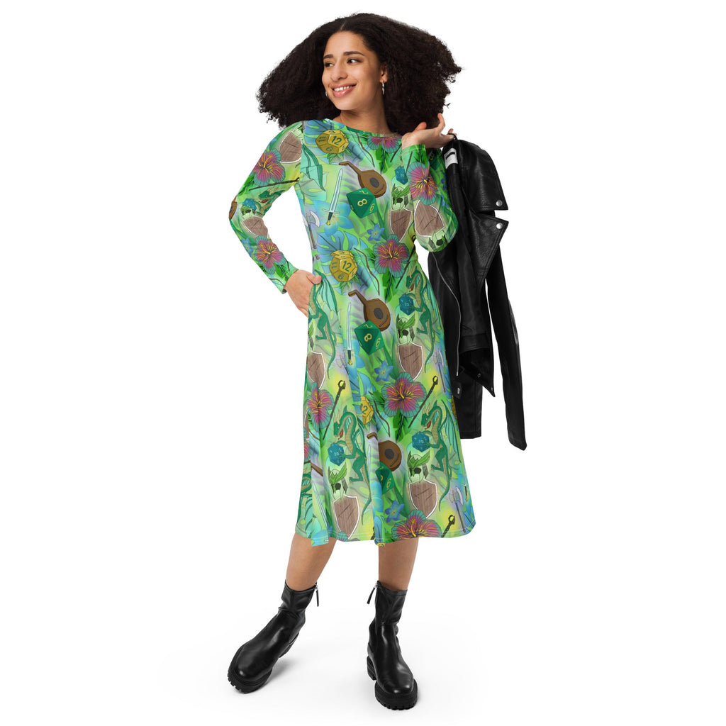 Nerdy Green Dragon Encounter Dnd Long Sleeve Midi Dress