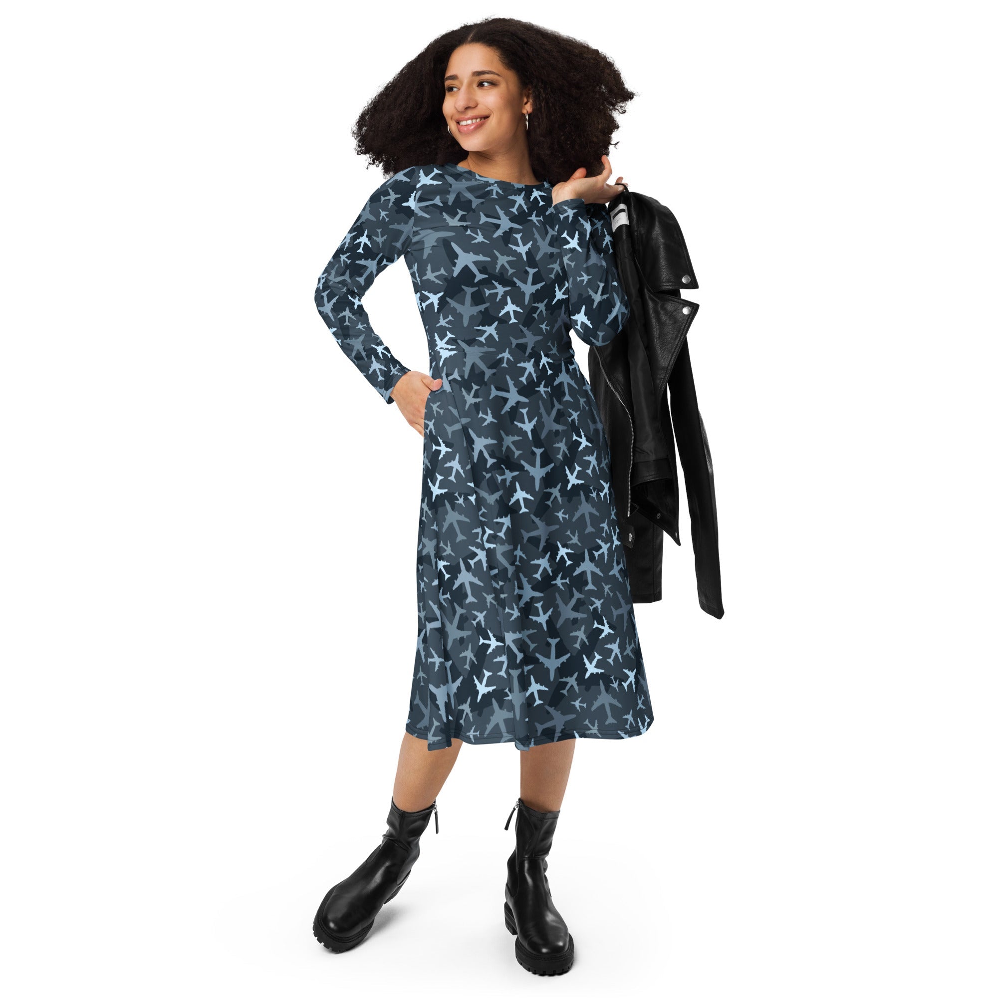 Nerdy Airplanes Blue Camouflage Blue Long Sleeve Midi Dress