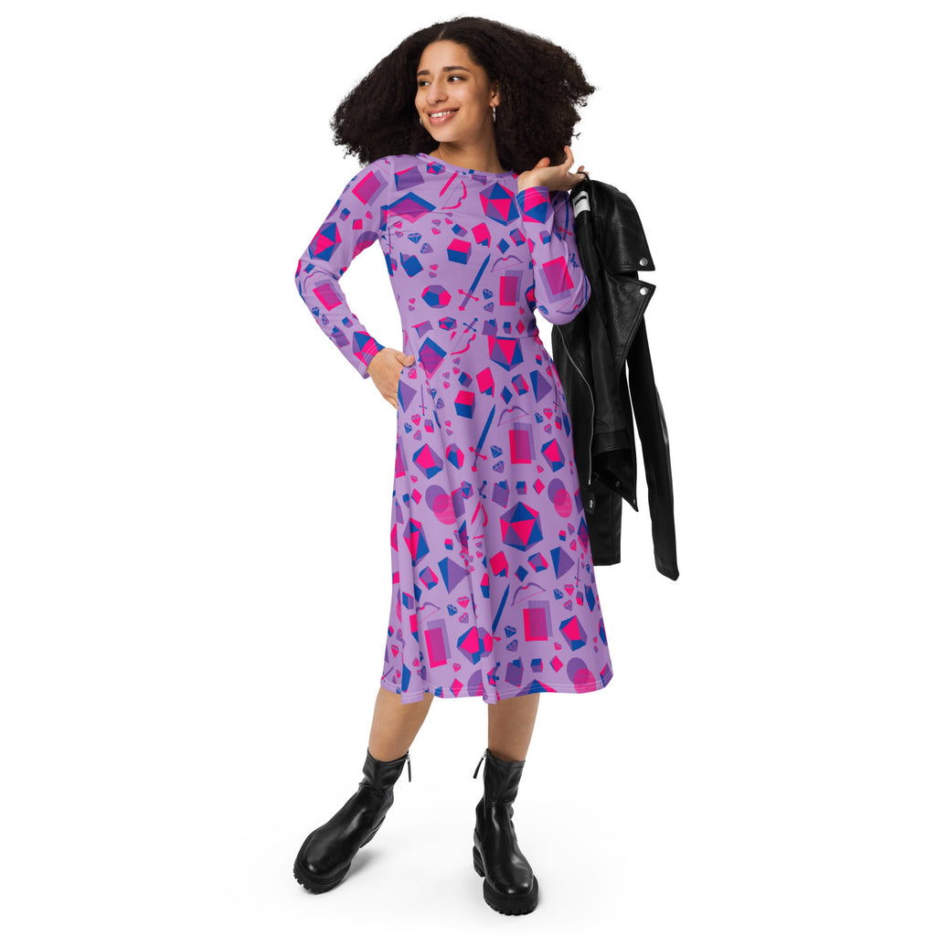 Nerdy Pink Blue and Bisexual Colors Tabletop RPG Items Dnd Long Sleeve Midi Dress