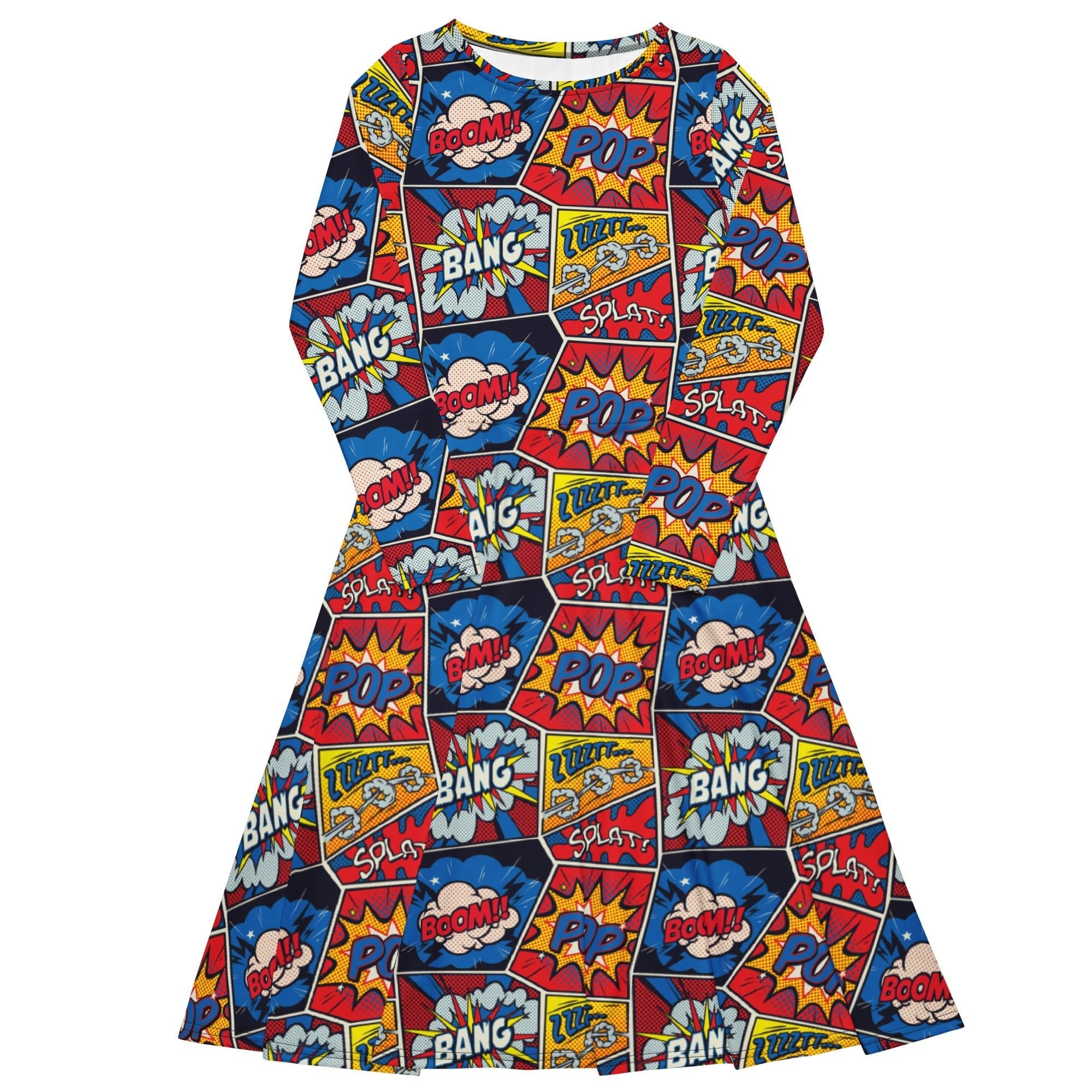 Nerdy Pop Art Comic Book Red Long Sleeve Midi Dress