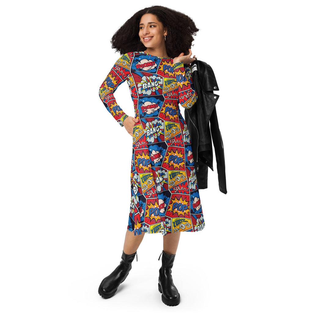 Nerdy Pop Art Comic Book Red Long Sleeve Midi Dress