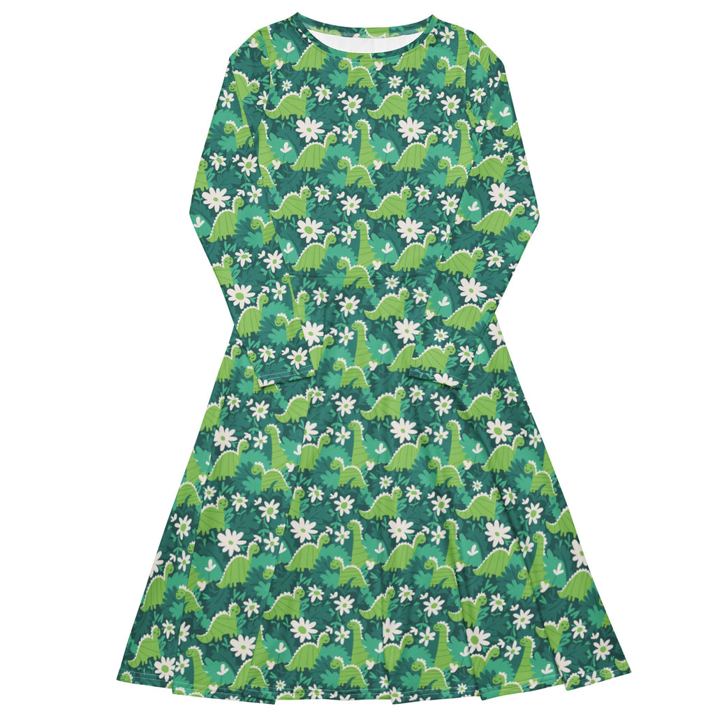 Nerdy Dinosaur Smiles Flowers and Leaves Long Sleeve Midi Dress