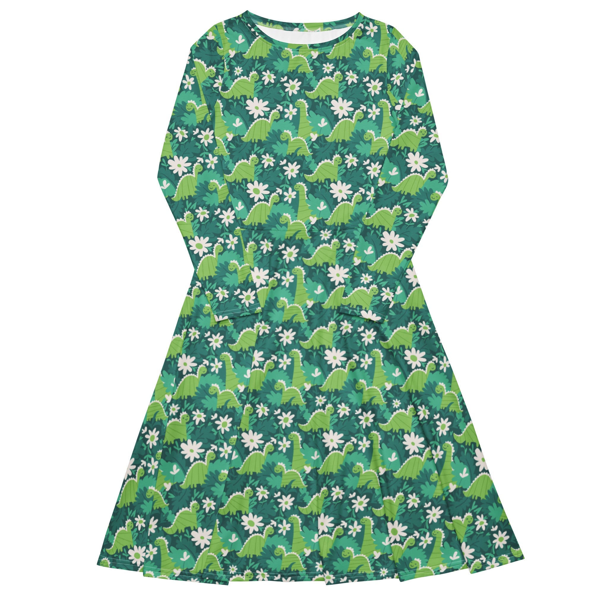 Nerdy Dinosaur Smiles Flowers and Leaves Long Sleeve Midi Dress