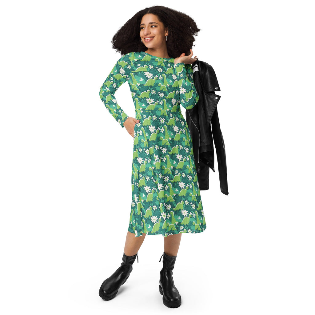 Nerdy Dinosaur Smiles Flowers and Leaves Long Sleeve Midi Dress