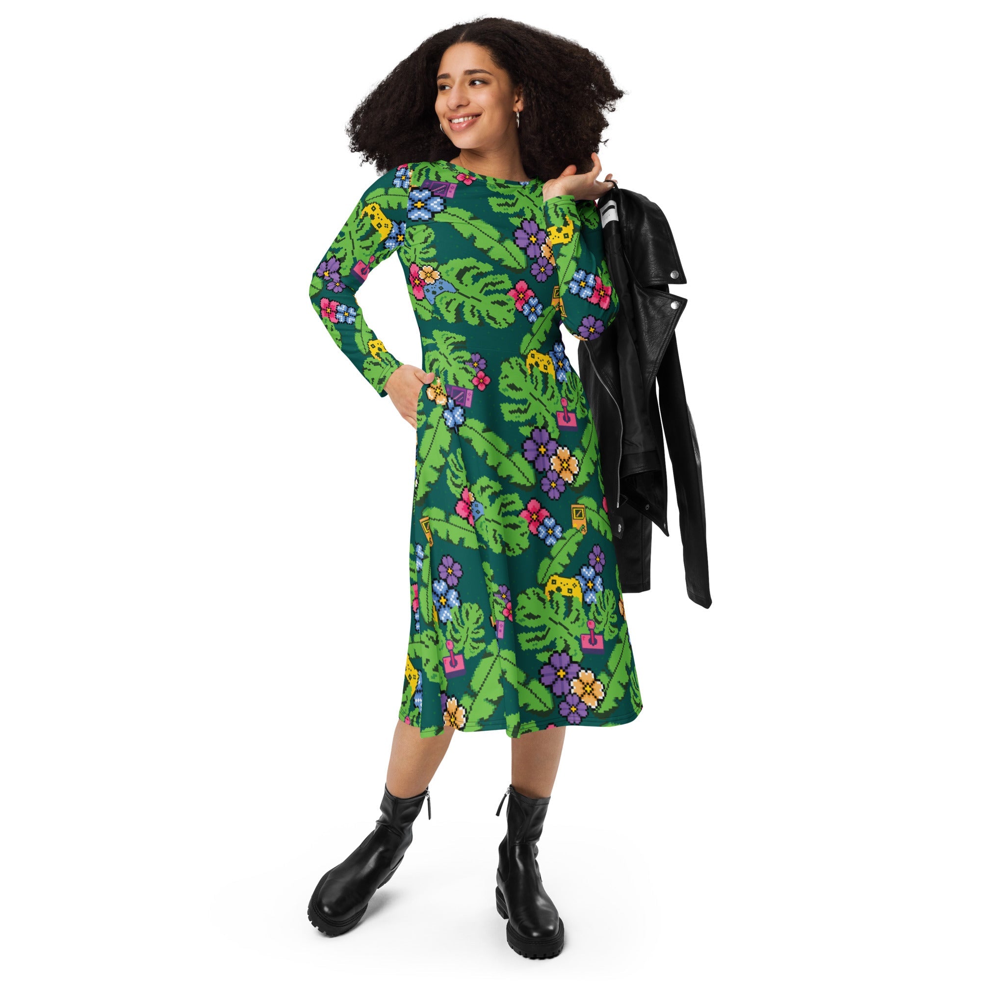 Nerdy Tropical Video Game Pixels Long Sleeve Midi Dress