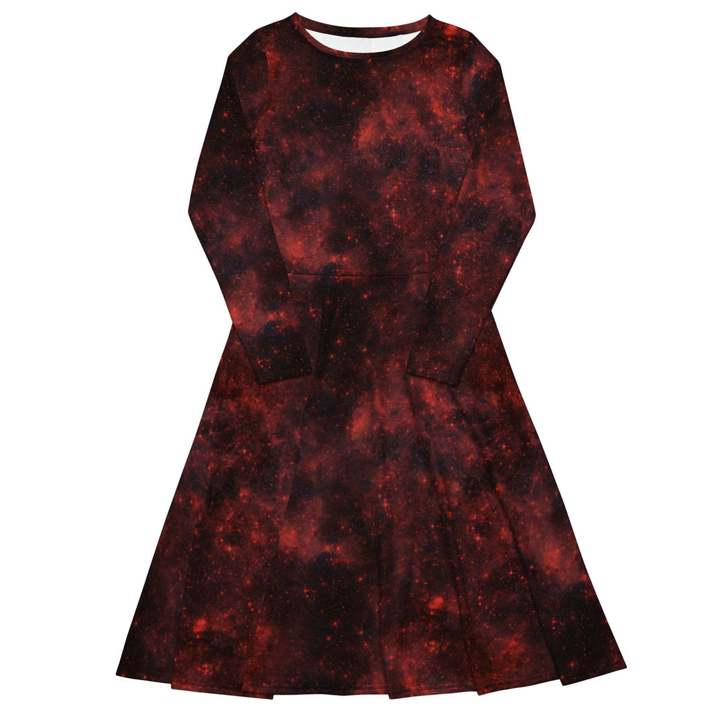 Nerdy Red Nebula Space Long Sleeve Midi Dress
