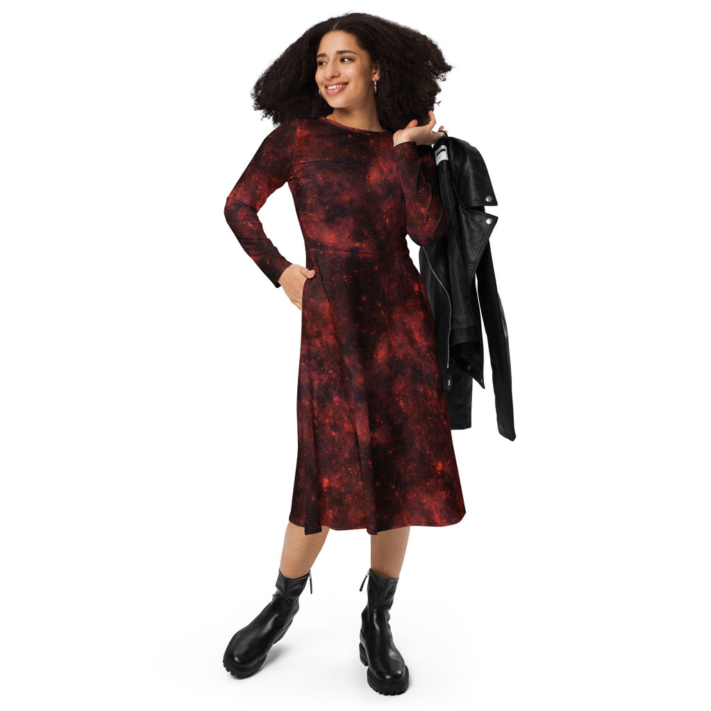 Nerdy Red Nebula Space Long Sleeve Midi Dress