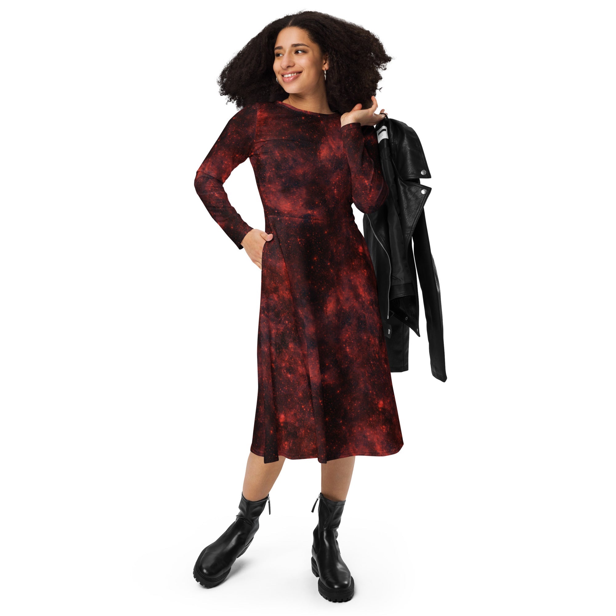 Nerdy Red Nebula Space Long Sleeve Midi Dress