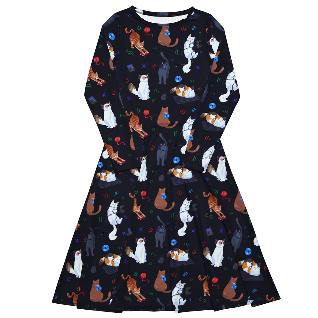 Nerdy Video Game Cats Dark Long Sleeve Midi Dress