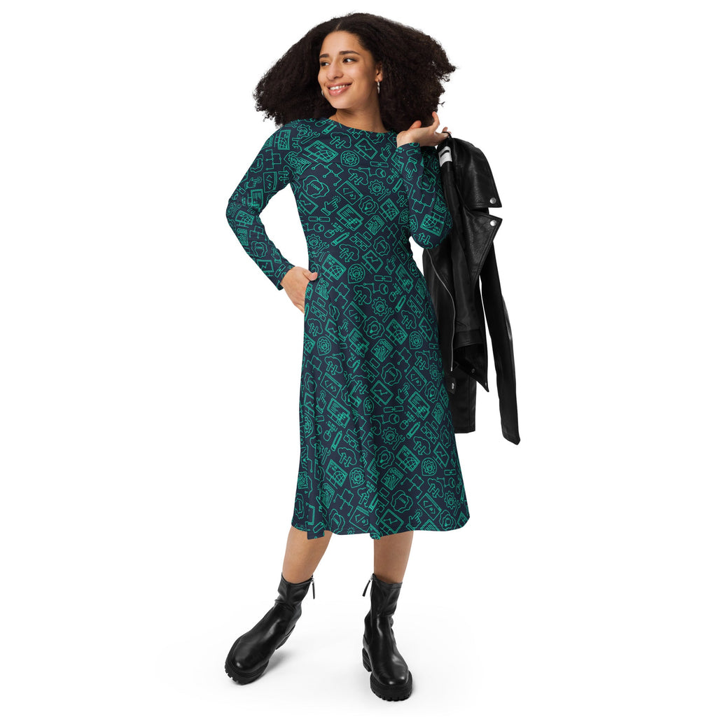 Nerdy Computer Internet Technology Long Sleeve Midi Dress