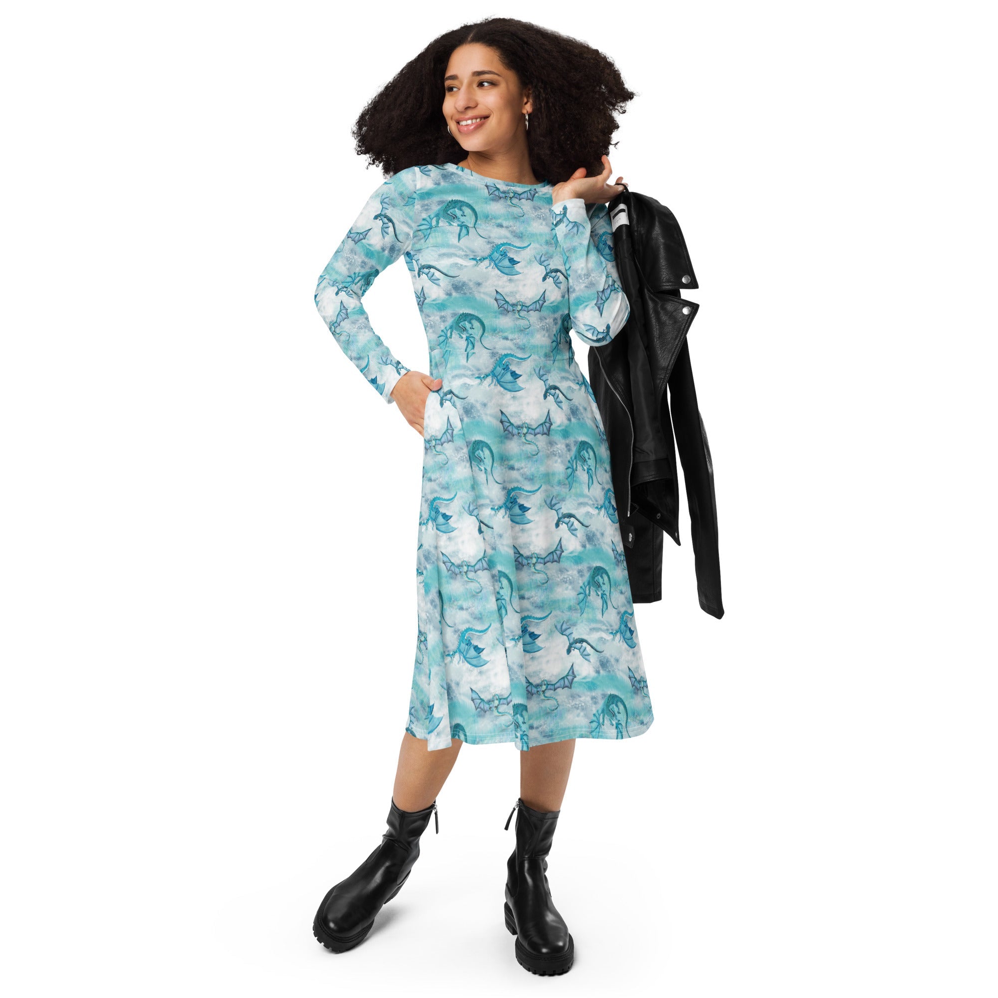 Nerdy Frost Dragons Long Sleeve Midi Dress