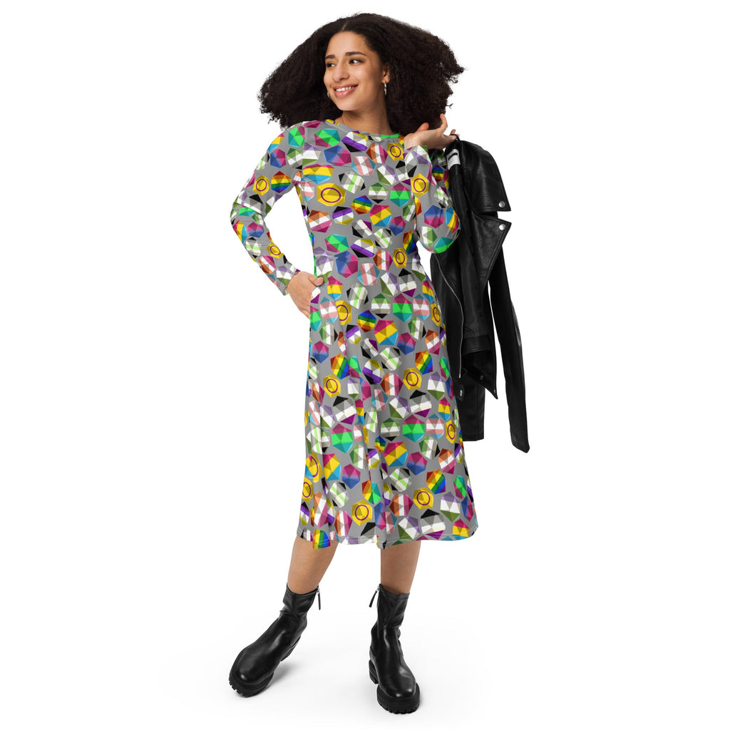 Nerdy Roll with Pride LGBTQ Dice Dnd Long Sleeve Midi Dress