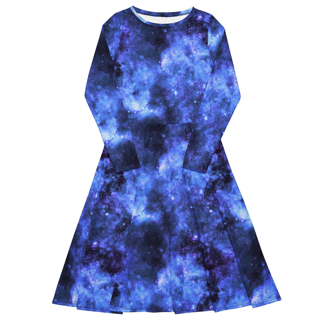 Nerdy Blue Purple Nebula Space Long Sleeve Midi Dress