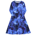 Nerdy Blue Purple Nebula Space Long Sleeve Midi Dress