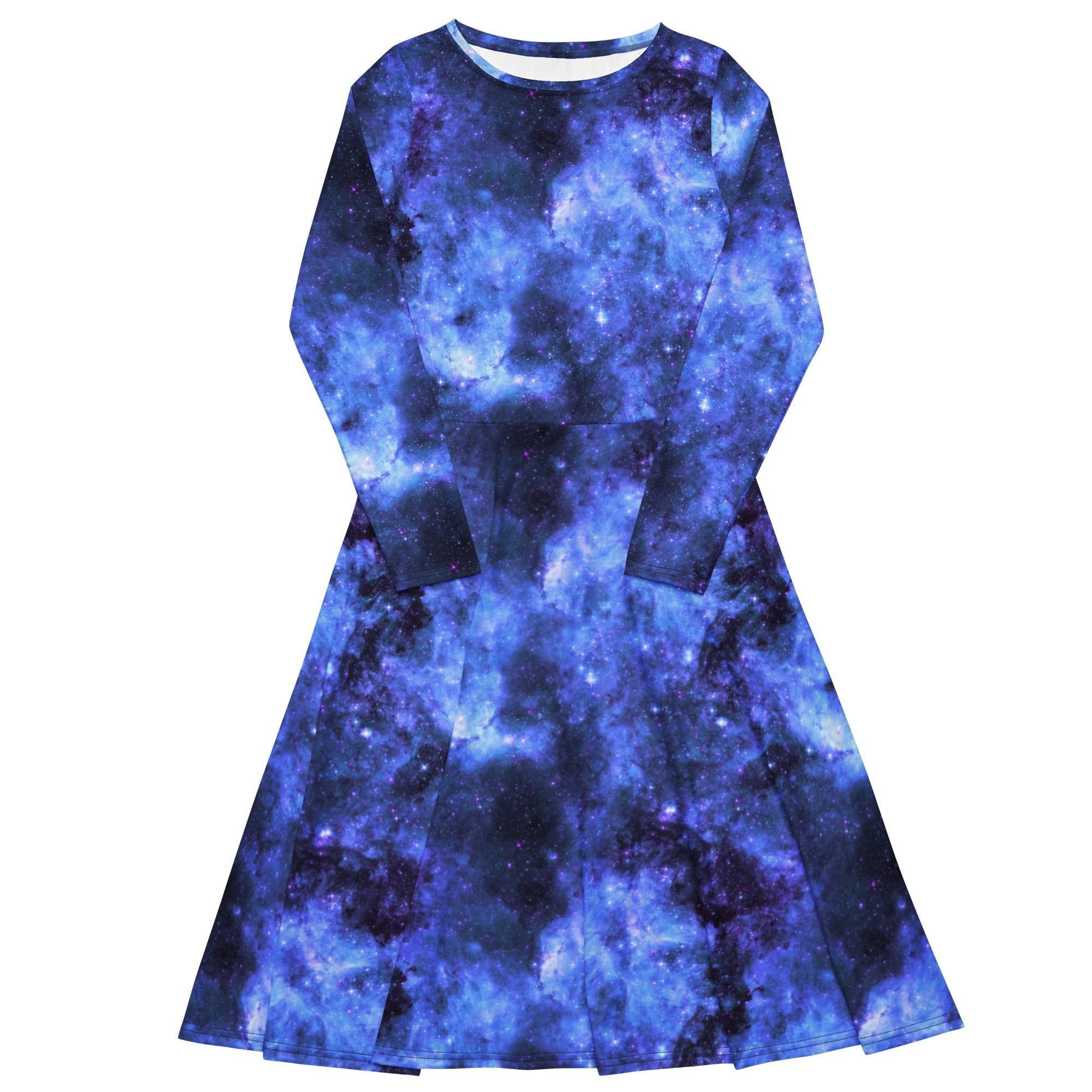 Nerdy Blue Purple Nebula Space Long Sleeve Midi Dress