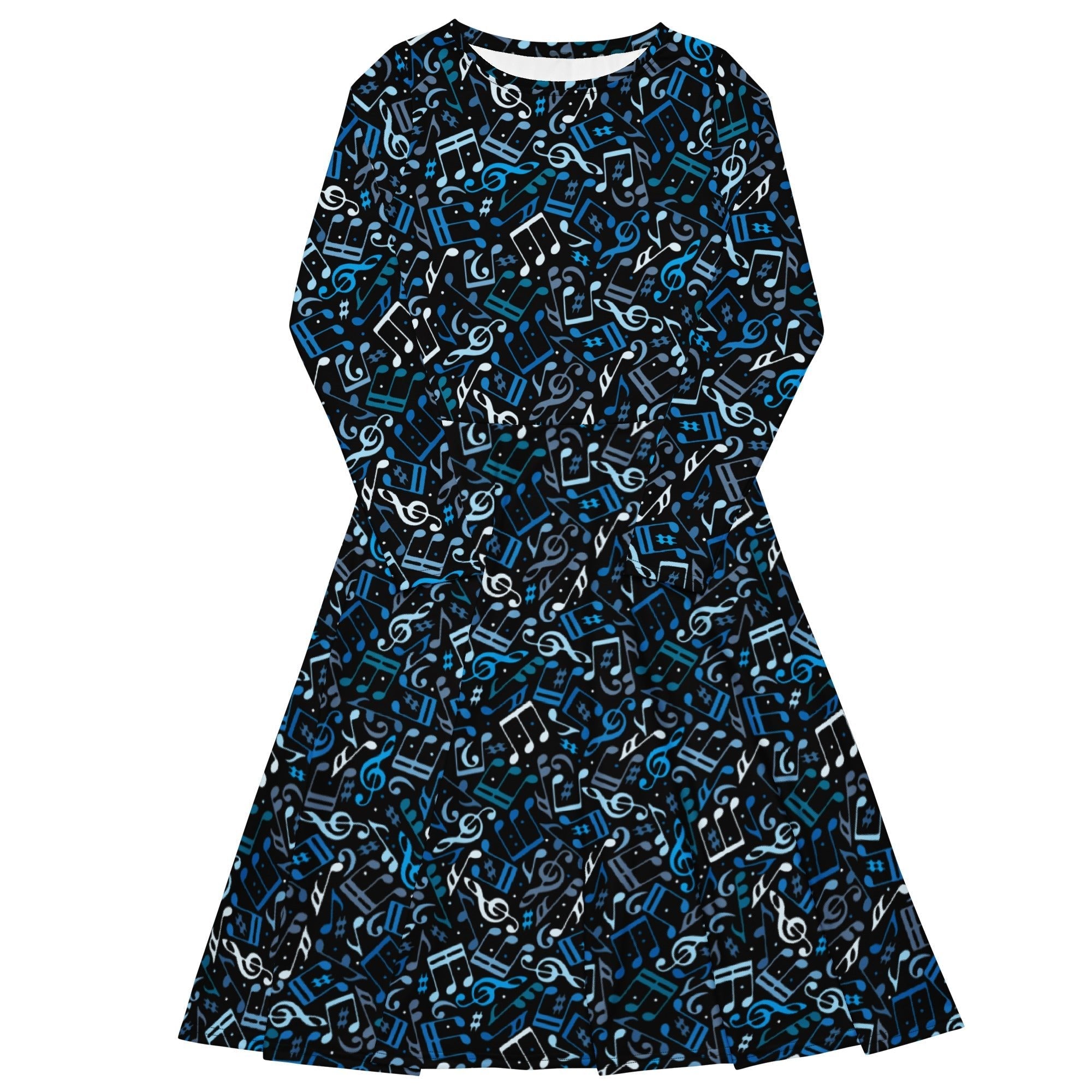 Nerdy Dotted Blue Musical Notes Black Long Sleeve Midi Dress