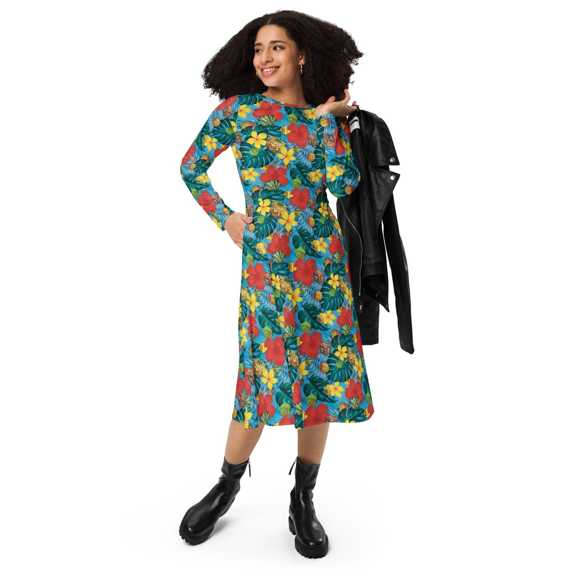 Nerdy Tropical Fruit Dice Dnd Long Sleeve Midi Dress