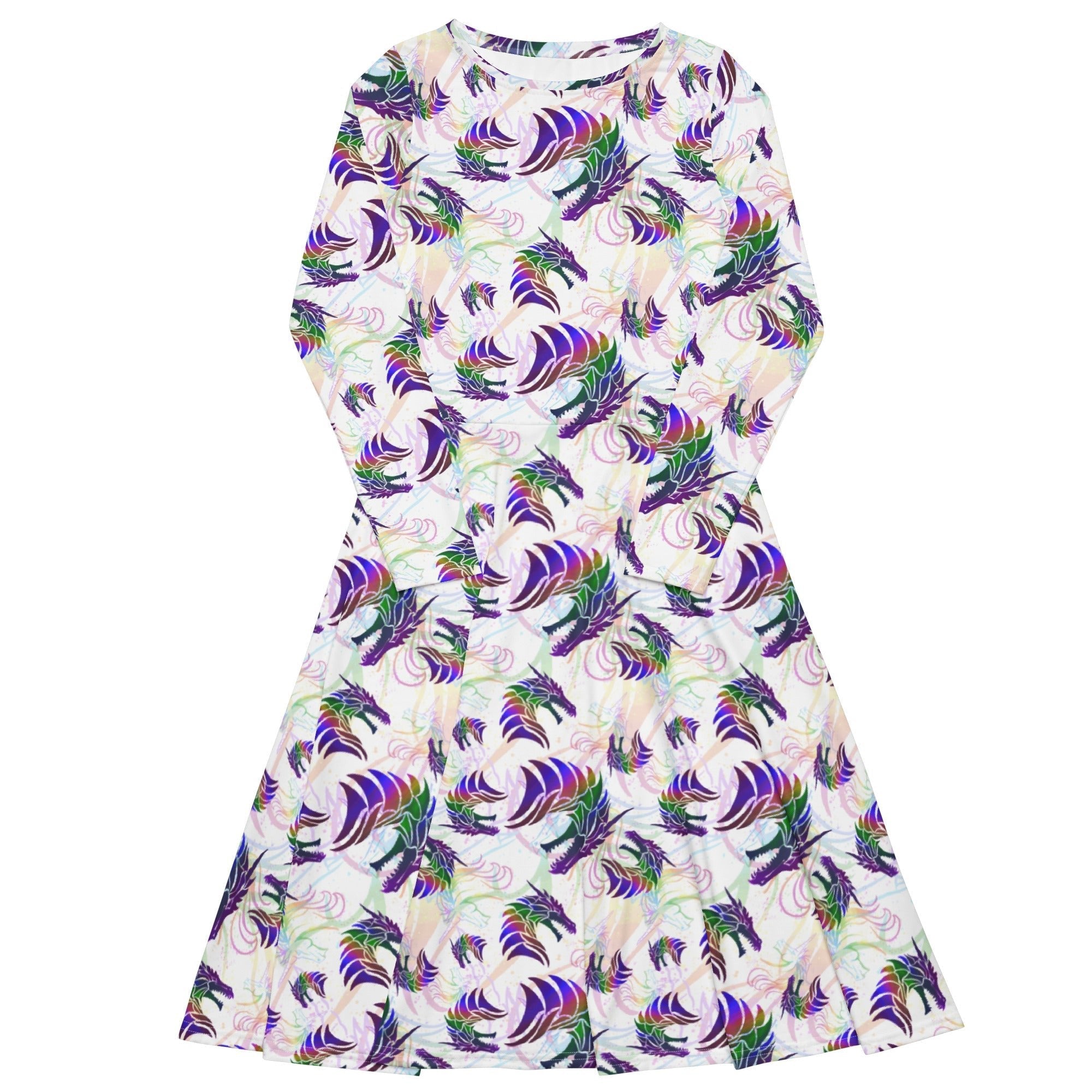 Nerdy Rainbow Dragons and Unicorns Long Sleeve Midi Dress