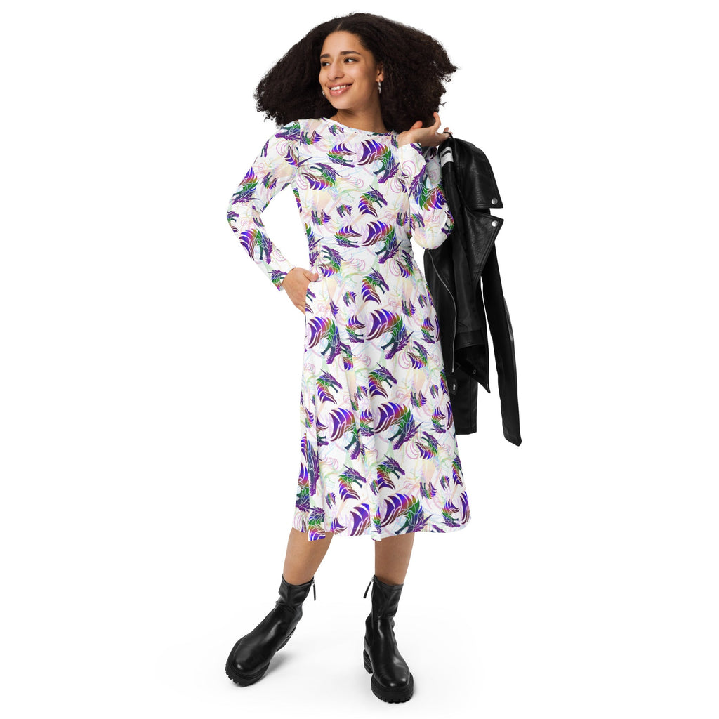 Nerdy Rainbow Dragons and Unicorns Long Sleeve Midi Dress