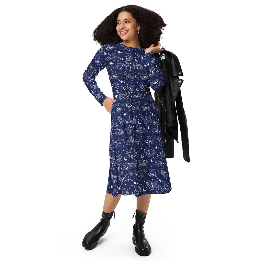 Nerdy Star Cats Long Sleeve Midi Dress