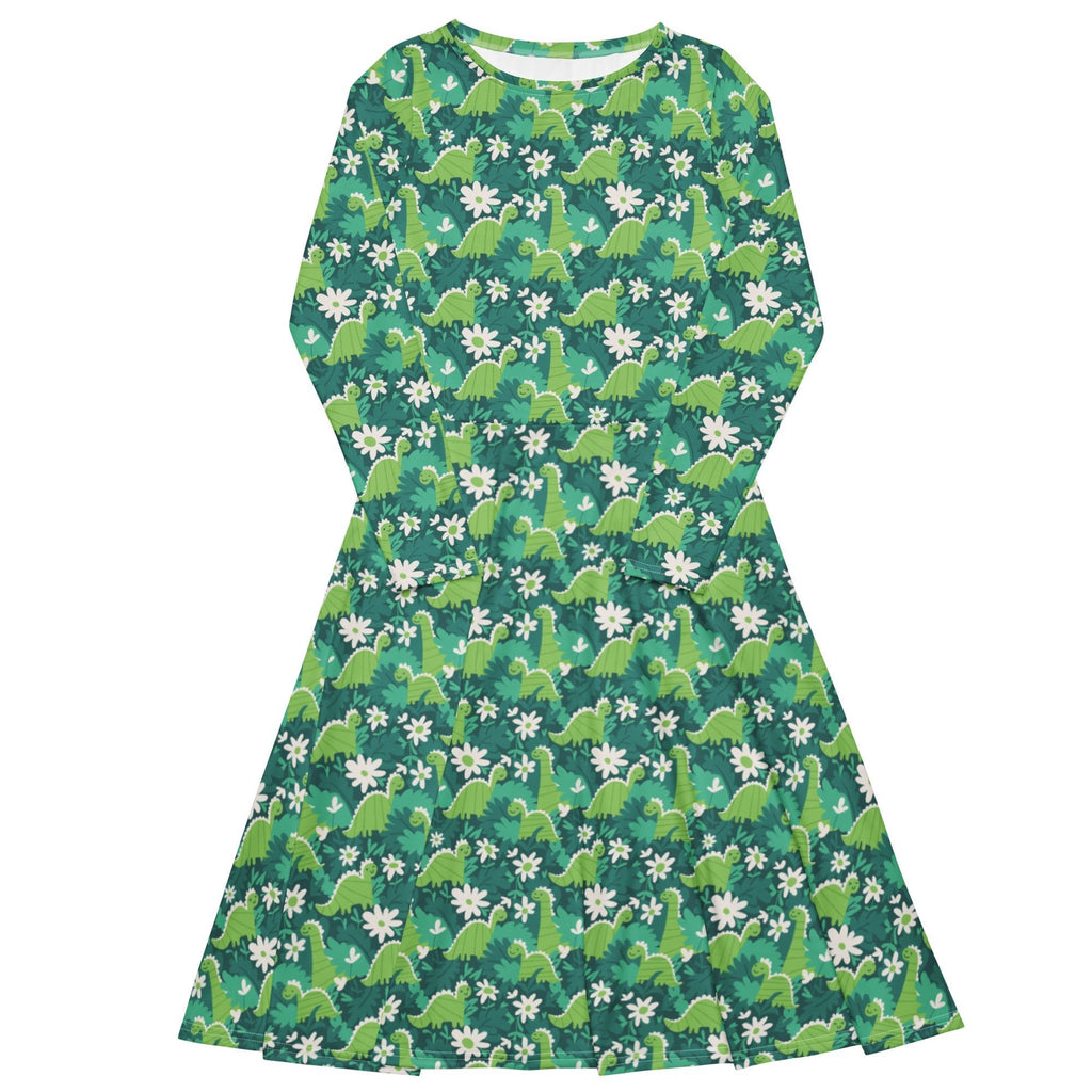 Nerdy Dinosaur Smiles Flowers and Leaves Long Sleeve Midi Dress
