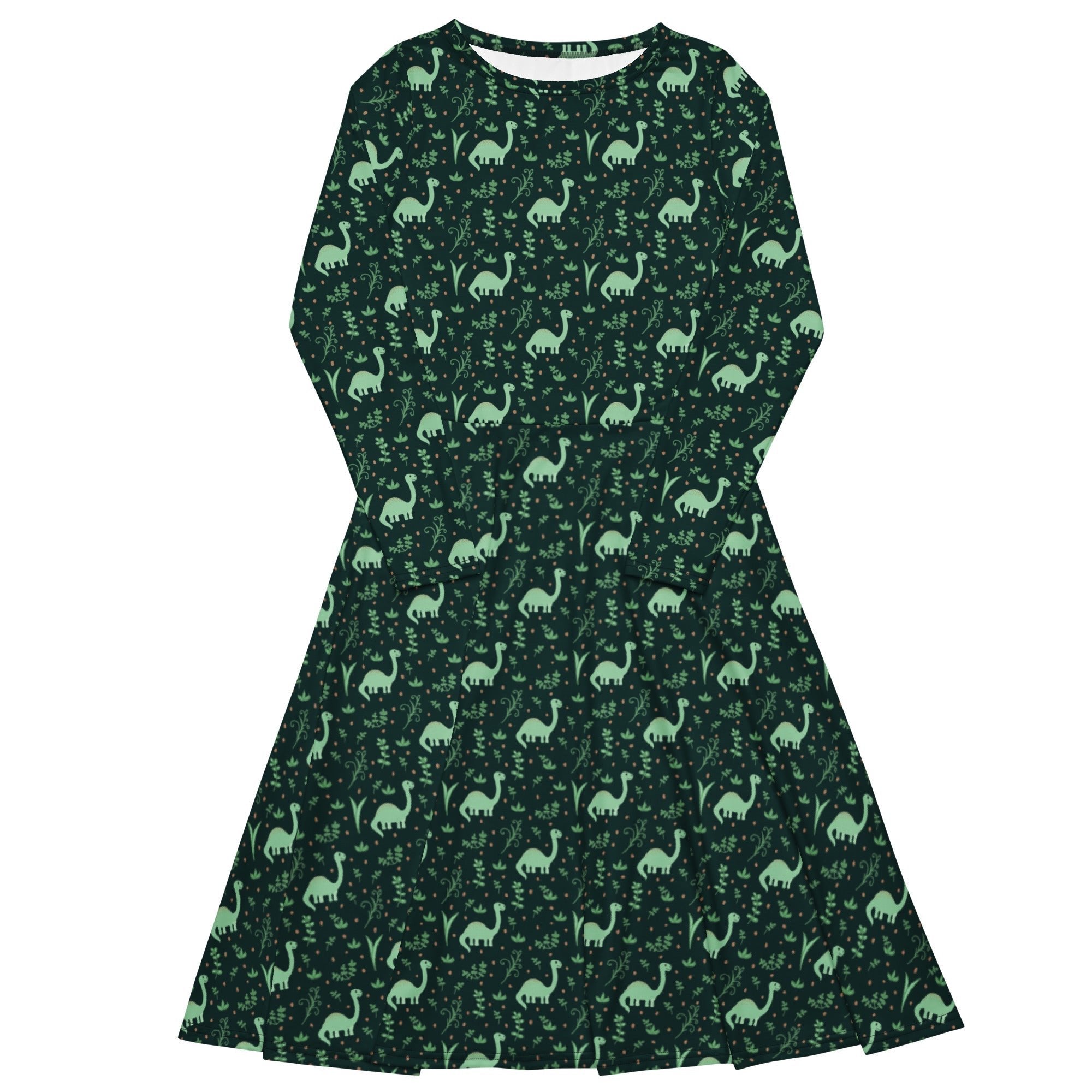 Nerdy Dino Green Tropics Green Dinosaur Long Sleeve Midi Dress