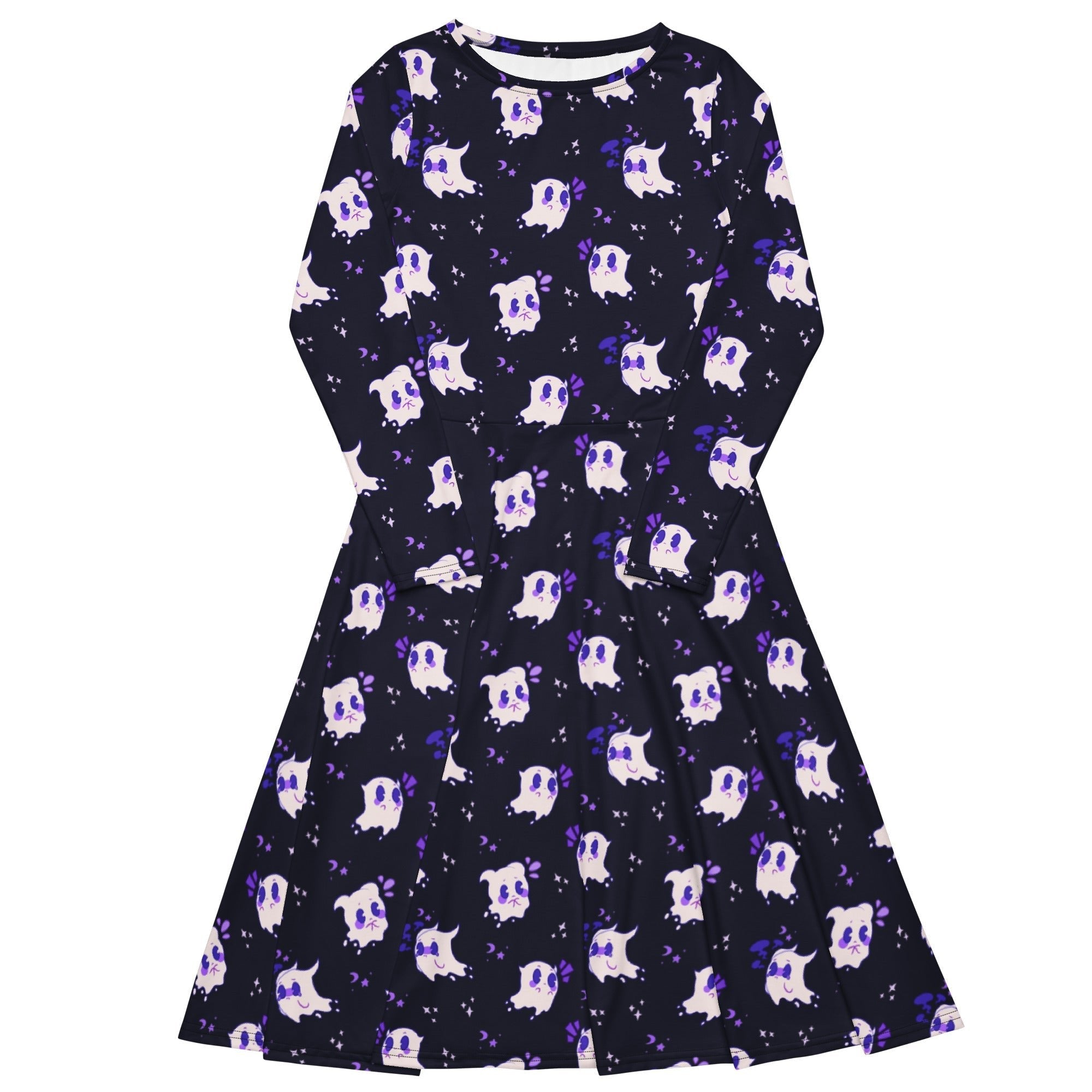 Nerdy Anxious Ghosts Purple Long Sleeve Midi Dress
