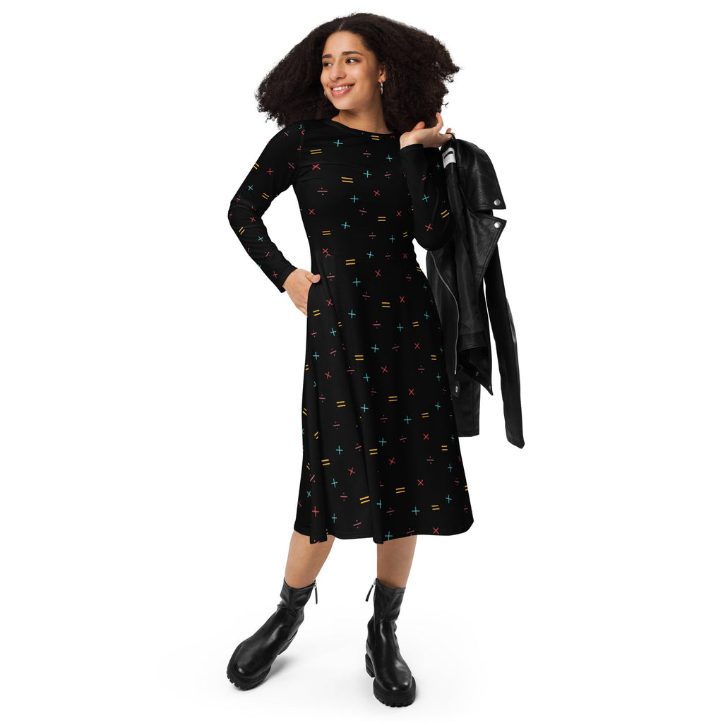 Nerdy Math Symbols Black Long Sleeve Midi Dress