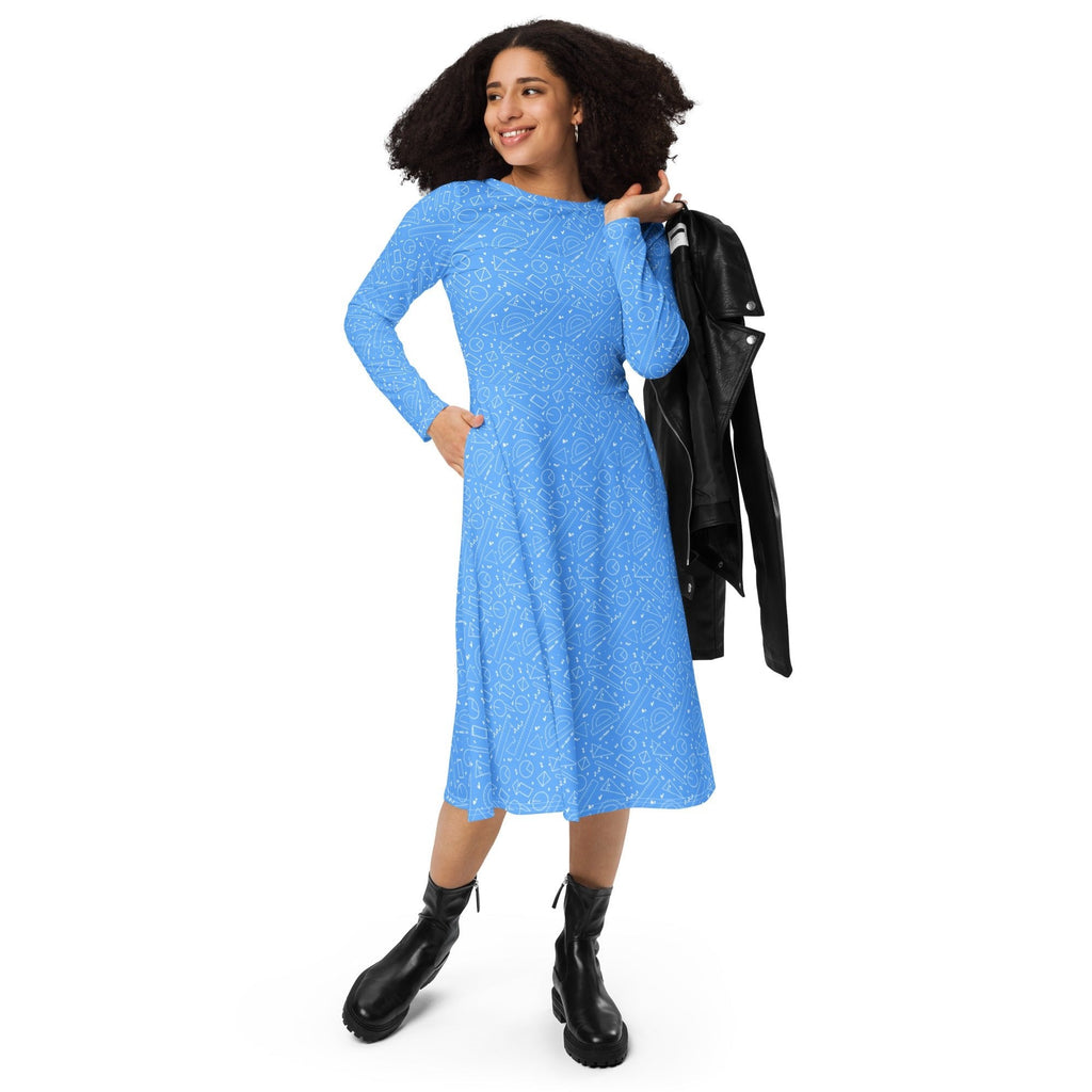 Nerdy Geometry Blue Math Long Sleeve Midi Dress