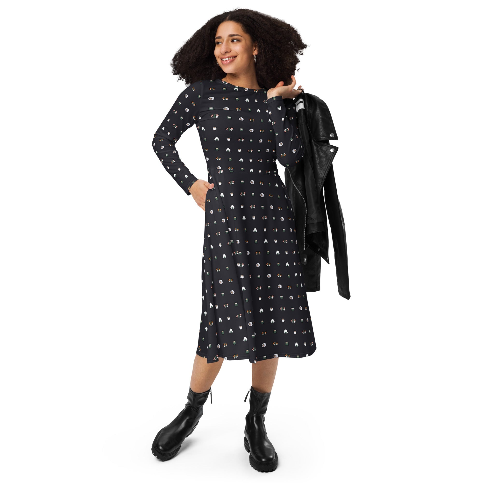 Nerdy Anime Sushi Rolls Dark Long Sleeve Midi Dress