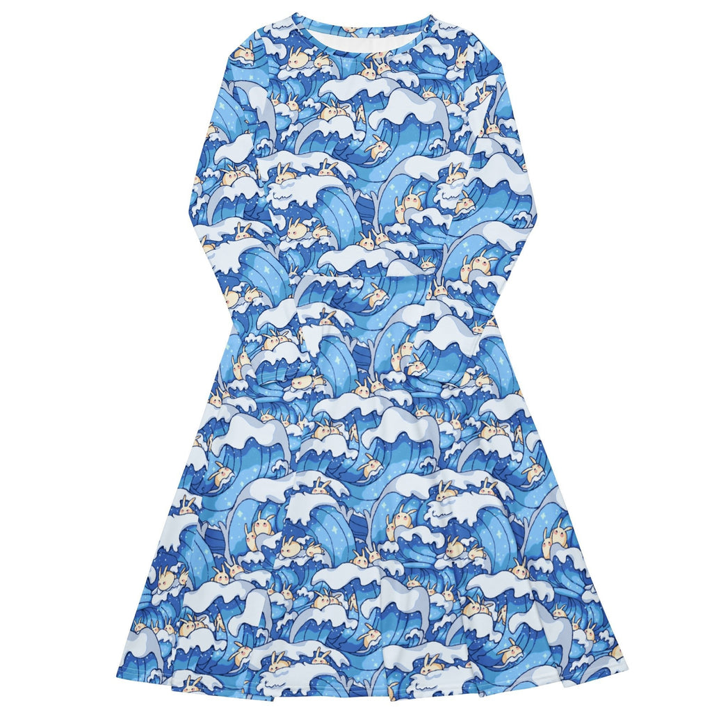 Nerdy Surfer Bunnies Anime Long Sleeve Midi Dress