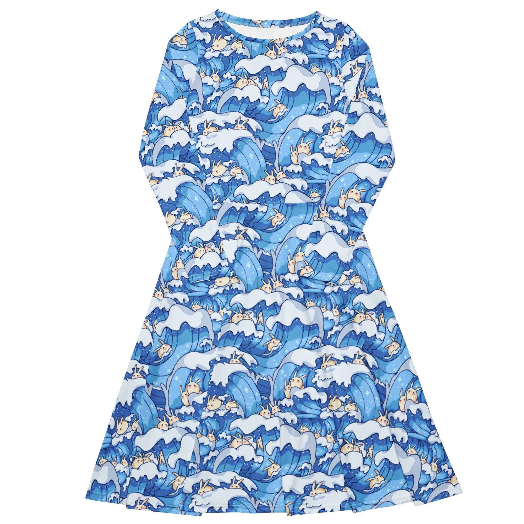 Nerdy Surfer Bunnies Anime Long Sleeve Midi Dress