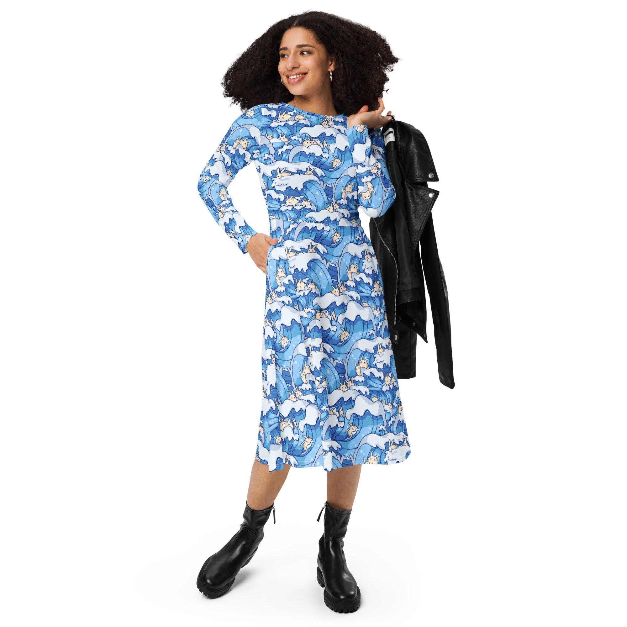Nerdy Surfer Bunnies Anime Long Sleeve Midi Dress