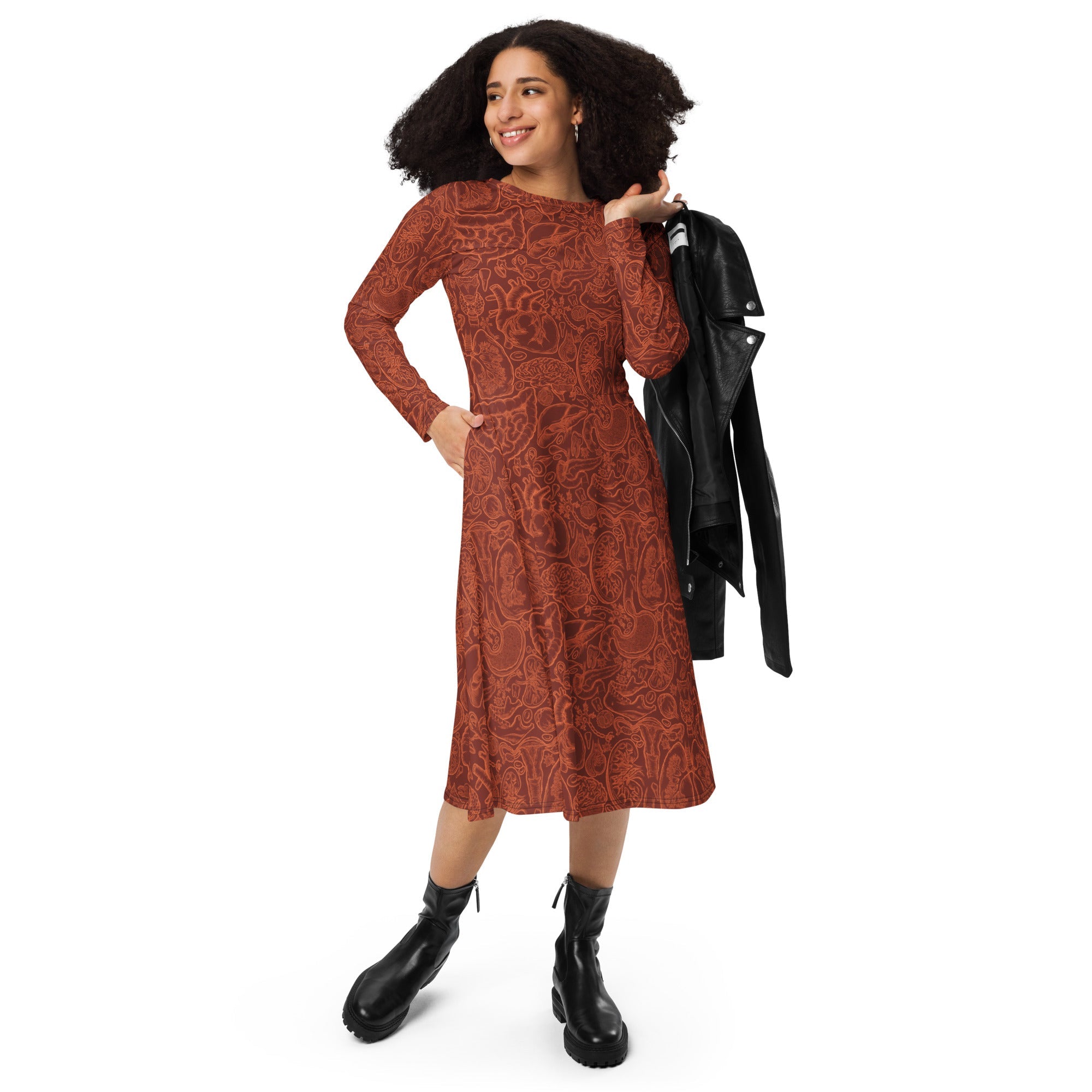 Human Anatomy Red Long Sleeve Midi Dress 4