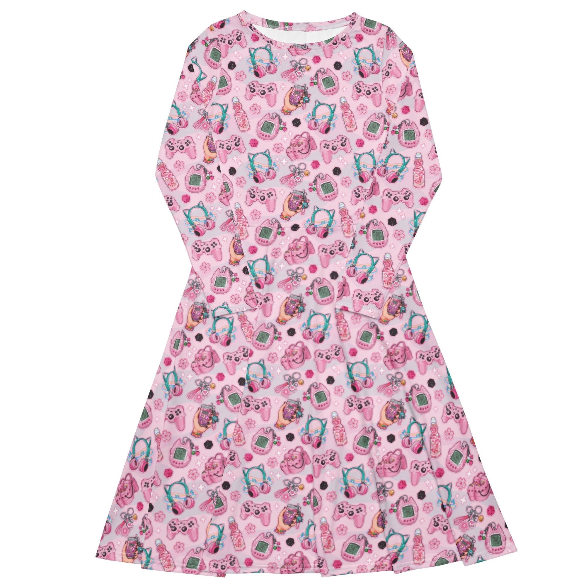 Anime Gamer Items Pink Long Sleeve Midi Dress 1
