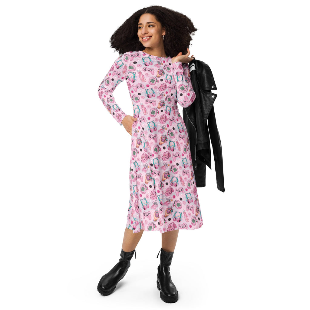 Anime Gamer Items Pink Long Sleeve Midi Dress 4