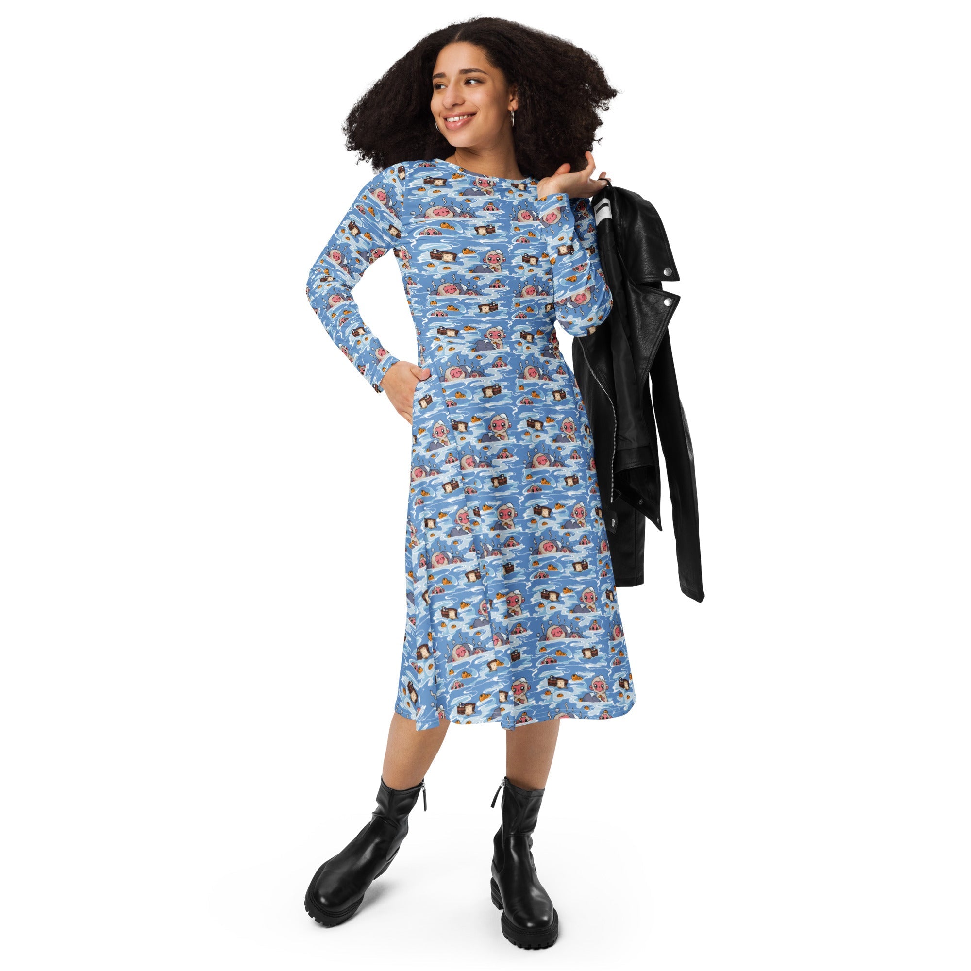 Onsen Snow Monkeys Long Sleeve Midi Dress 4