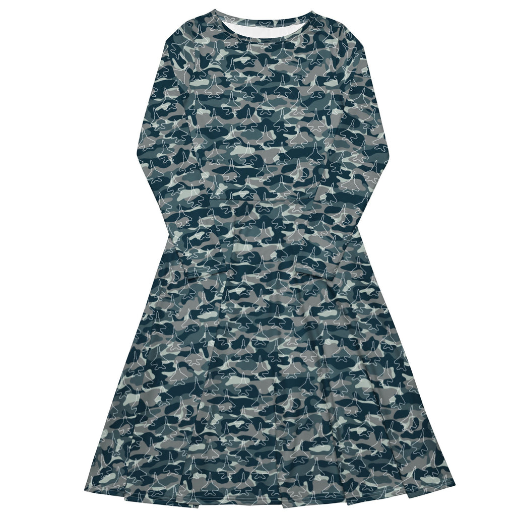 Military Fighter Jet Navy Camo Blue Long Sleeve Midi Dress 1