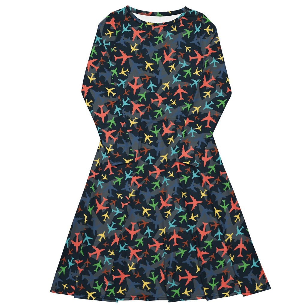 Multi Colored Airplanes on Blue Long Sleeve Midi Dress 1