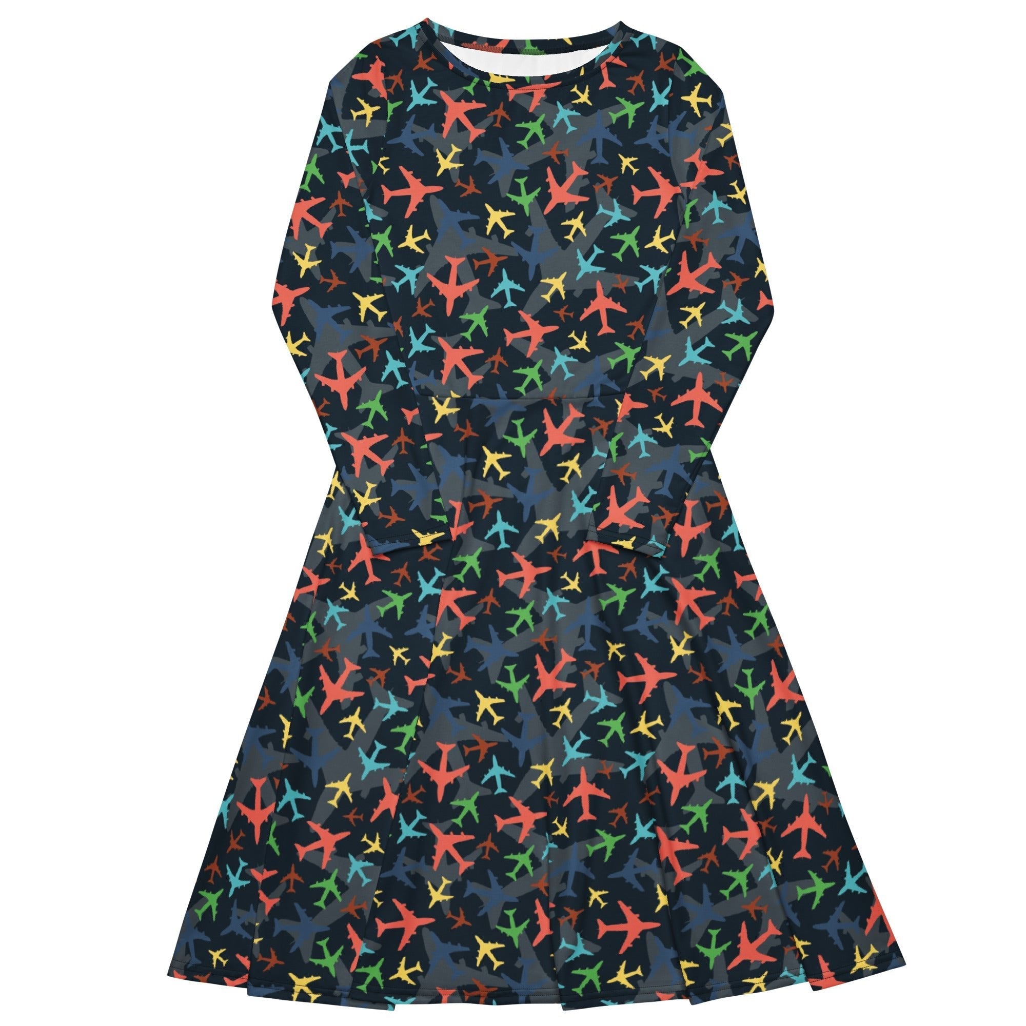 Multi Colored Airplanes on Blue Long Sleeve Midi Dress 1